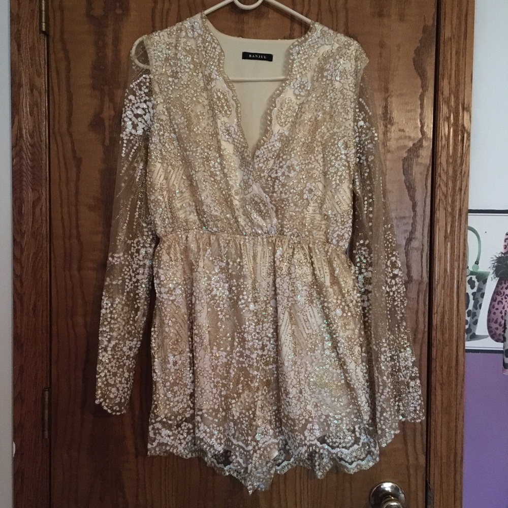 Sequin Long Sleeve V Neck Romper
